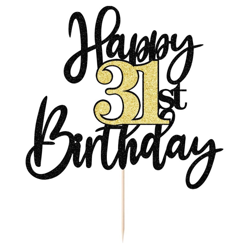 Yetxel Black Gold Glitter Happy 31th Birthday Cake Topper,Happy 31 Birthday Cake Decoration for 31 & Fabulous Birthday,Hello 31 Party Anniversary Party Cake Decorations Supplies - Image 2